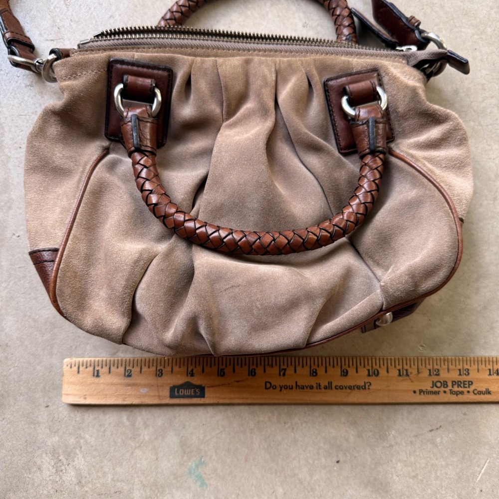 Banana Republic Suede Leather Satchel Bag Braided Handle Tan Brown Crossbody - Picture 4 of 6